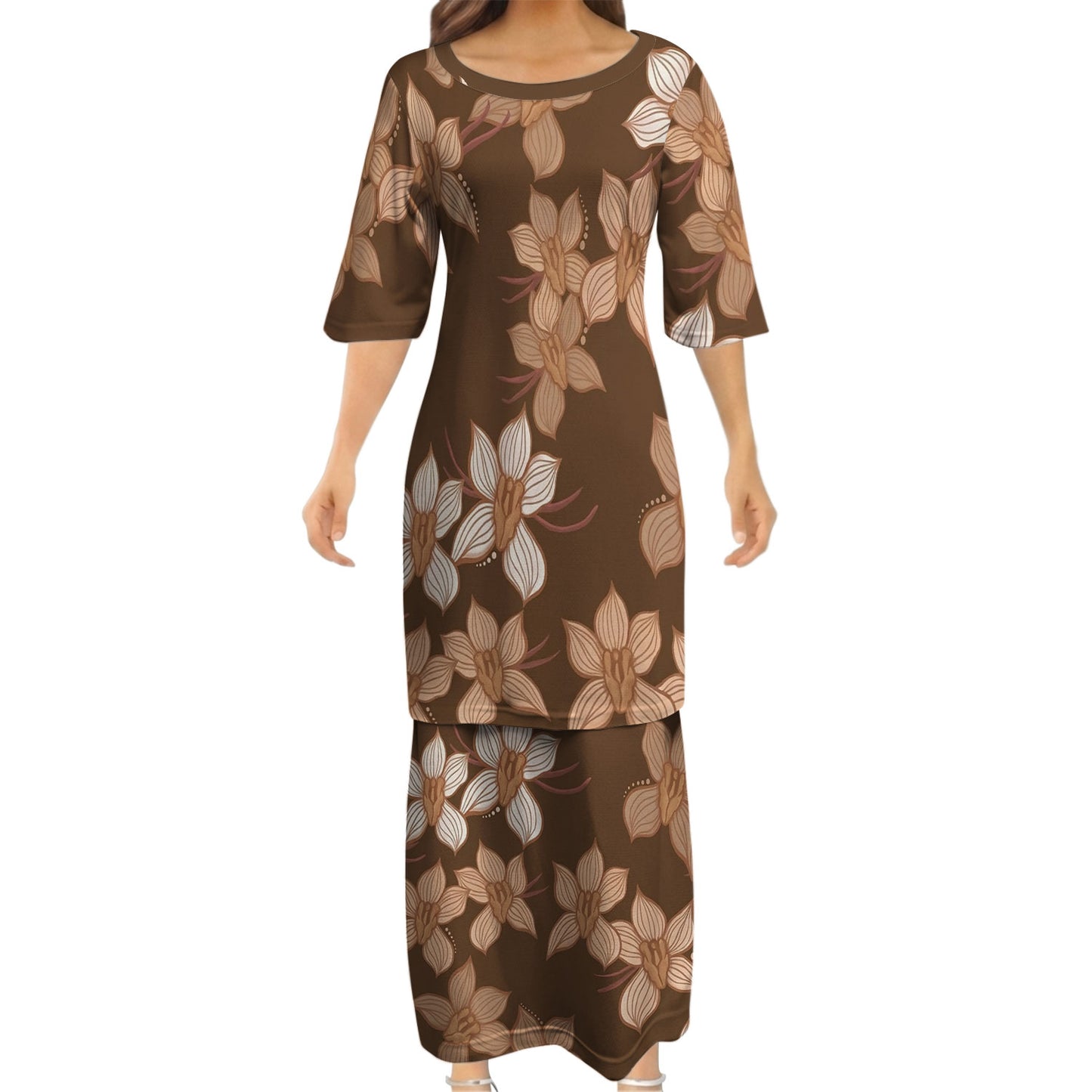 Puakenikeni Pikake Lei Curve Lei Flower Matching Outfit For Couple Island Vintage Brown Puletasi Dress And Shirt