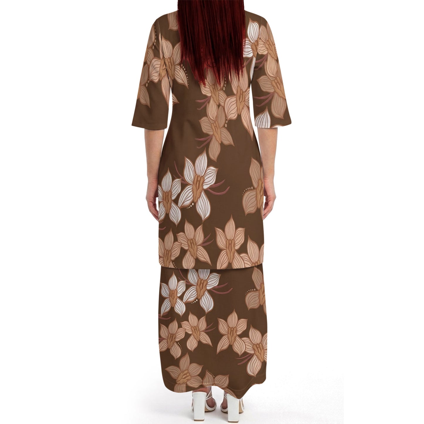 Puakenikeni Pikake Lei Curve Lei Flower Matching Outfit For Couple Island Vintage Brown Puletasi Dress And Shirt