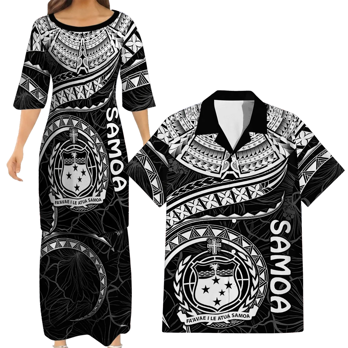 Samoa Black Matching Outfit For Couple Polynesian Tribal Pattern Dress And Hawaiian Shirt