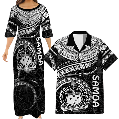 Samoa Black Matching Outfit For Couple Polynesian Tribal Pattern Dress And Hawaiian Shirt