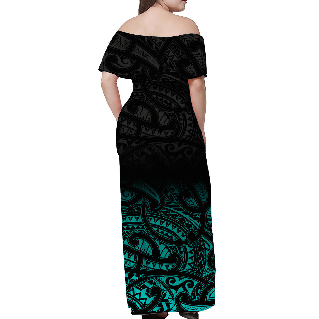 Custom Personalised New Zealand Off Shoulder Long Dress Maori Pattern Turquoise