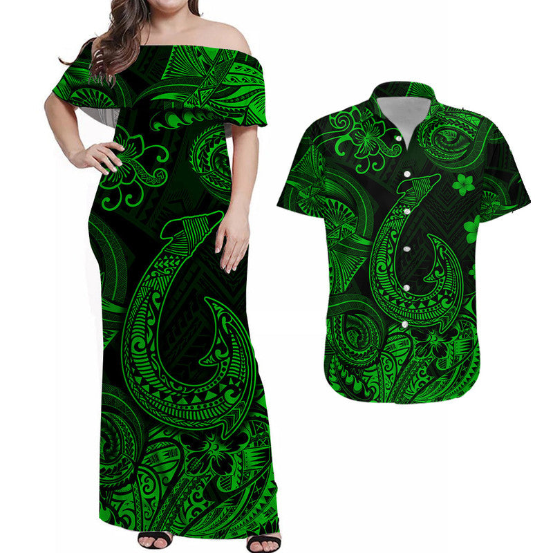 Hawaii Fish Hook Polynesian Combo Dress and Hawaiian Shirt Matching Couples Outfit Unique Style Green