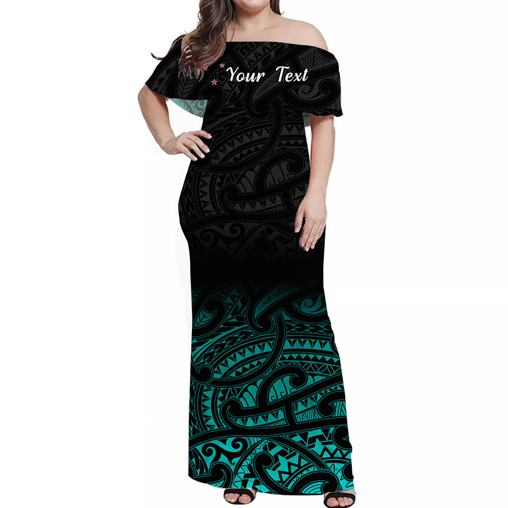 Custom Personalised New Zealand Off Shoulder Long Dress Maori Pattern Turquoise