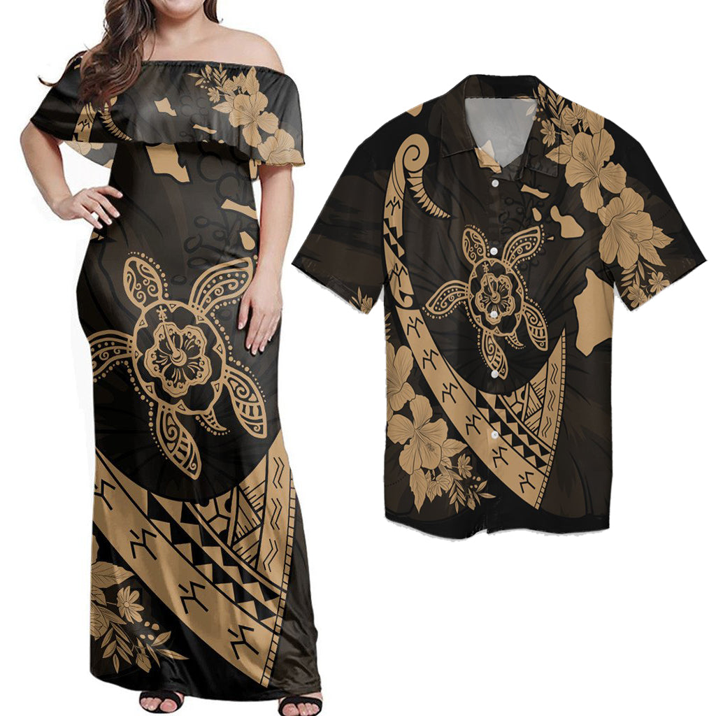 Matching Hawaiian Outfits Combo Dress And Shirt Hawaiian Map Hibiscus Turtle Fish Hook Polynesian Gold