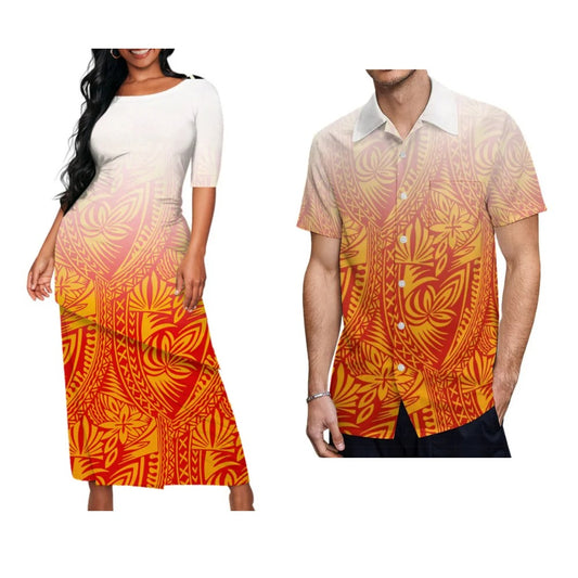 Tropical Floral Polynesian Tribal Pattern Matching Outfit For Couple Polynesian Puletasi Dress Two-Piece Suit With Men's Shirt