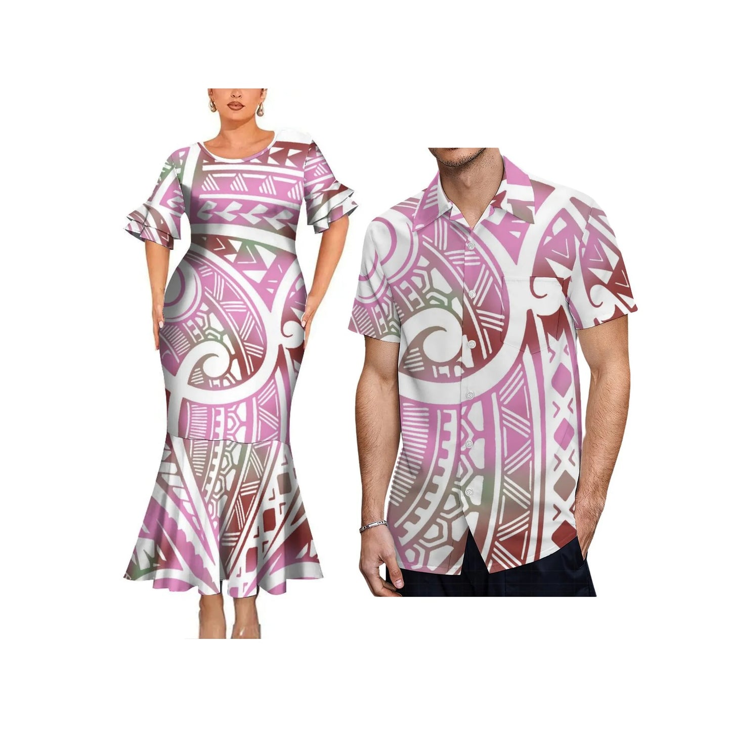 Polynesian Tribal Pattern Printed Couple Matching Dress Fishtail Skirt Dress And Hawaii Shirt Outfit