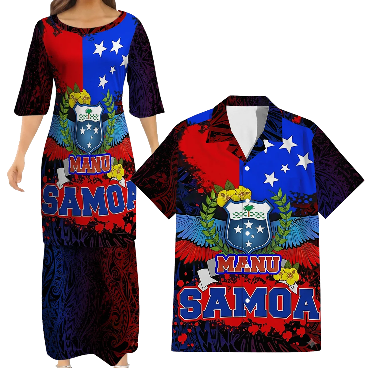 Samoa Coat Of Arms Matching Outfit For Couple Polynesian Many Rugby Samoa Dress And Hawaiian Shirt