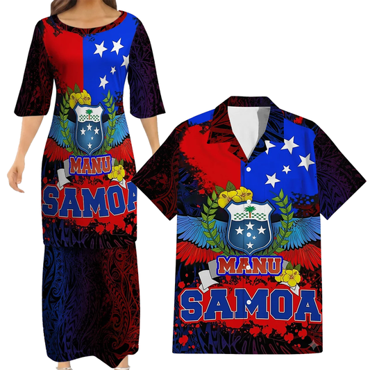 Samoa Coat Of Arms Matching Outfit For Couple Polynesian Many Rugby Samoa Dress And Hawaiian Shirt