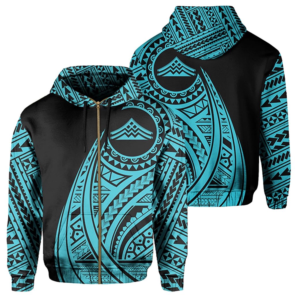 Hawaii Mauna Kea Polynesian Zip Up Hoodie Tatoo Style Blue