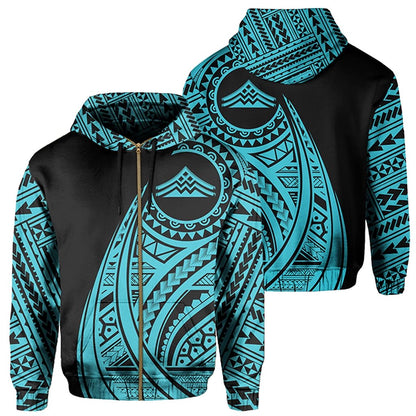 Hawaii Mauna Kea Polynesian Zip Up Hoodie Tatoo Style Blue