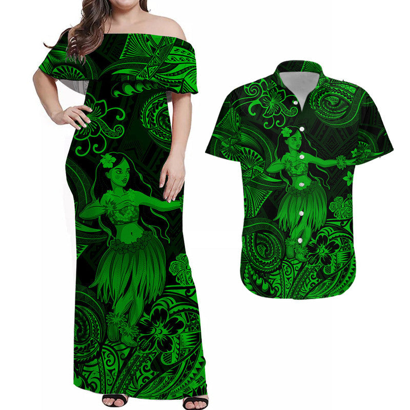 Hawaii Hula Girl Polynesian Combo Dress and Hawaiian Shirt Matching Couples Outfit Unique Style Green