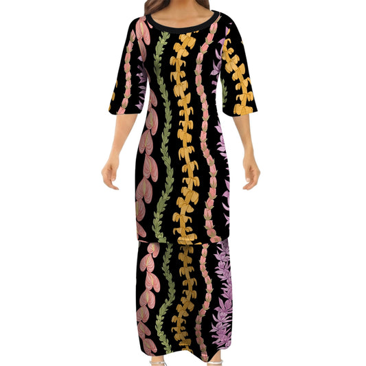 Puakenikeni Pikake Lei Flower Matching Outfit For Couple Black Puletasi Dress And Shirt For Her Him