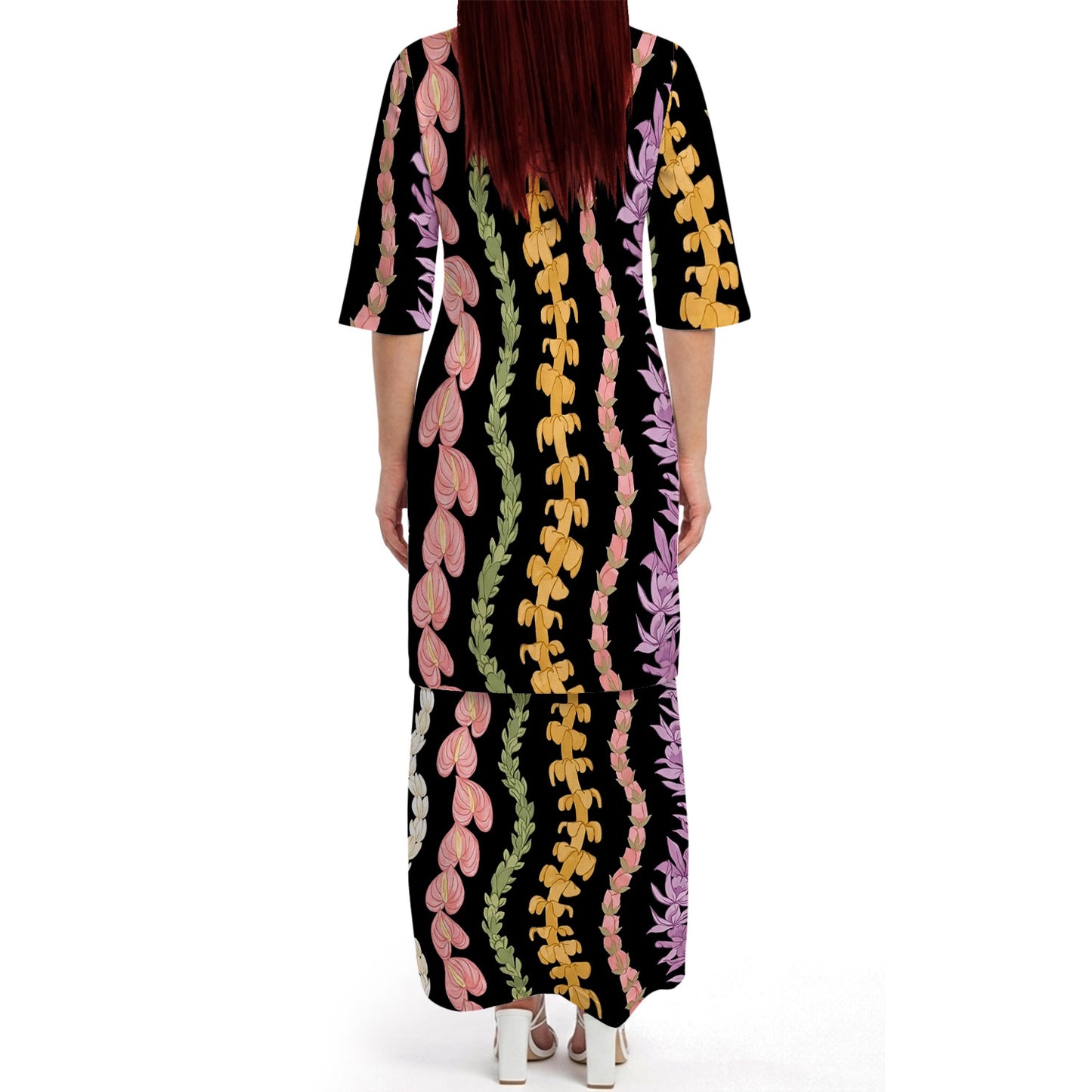 Puakenikeni Pikake Lei Flower Matching Outfit For Couple Black Puletasi Dress And Shirt For Her Him