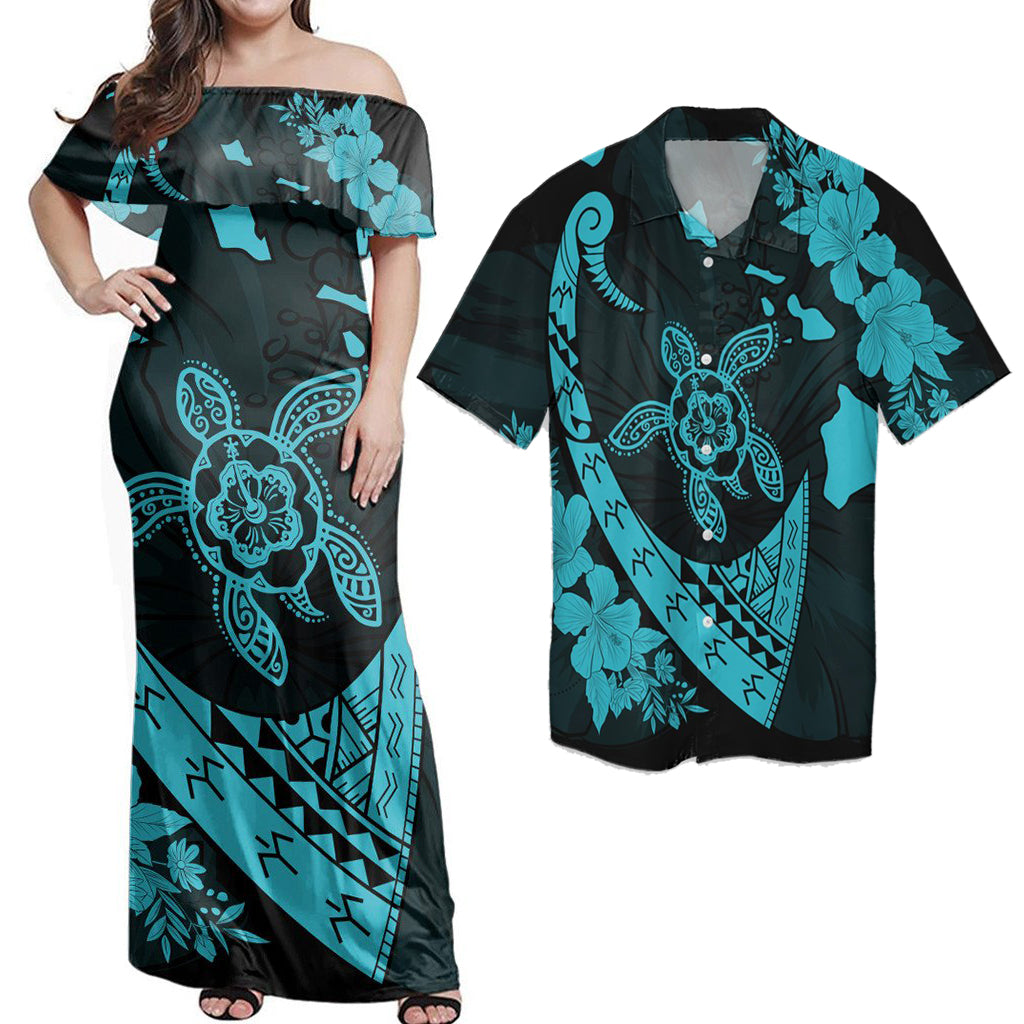 Matching Hawaiian Outfits Combo Dress And Shirt Hawaiian Map Hibiscus Turtle Fish Hook Polynesian Blue
