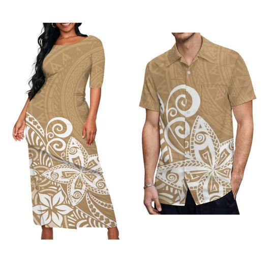 Polynesian Tribal Pattern Matching Outfit For Couple Polynesian Flowers Puletasi Dress Two-Piece Suit With Men's Shirt