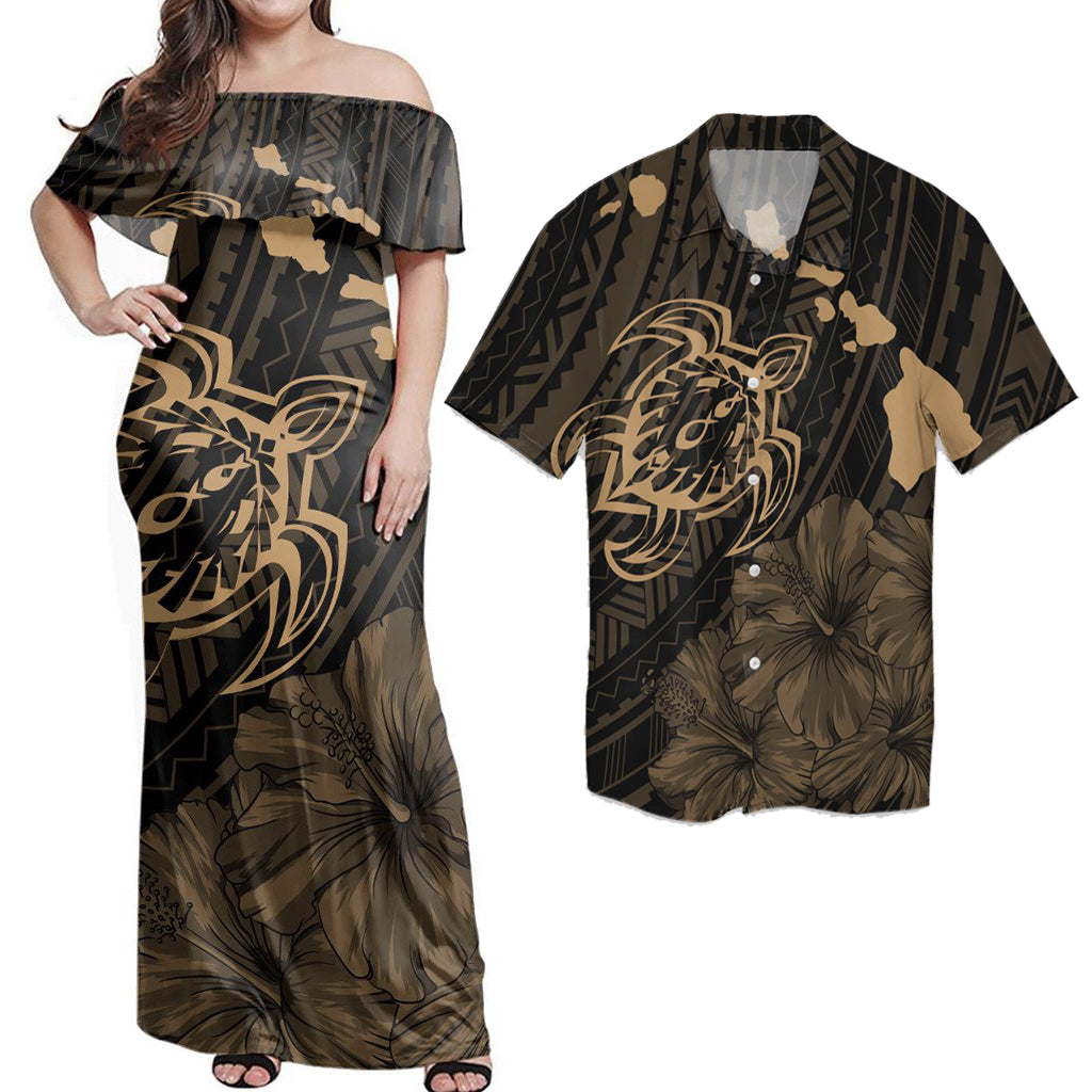 Matching Hawaiian Outfits Combo Dress And Shirt Hawaiian Hibiscus Sea Turtle Swim Polynesian Gold