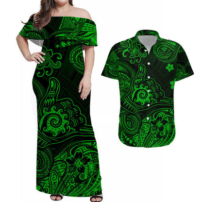 Hawaii Shaka Polynesian Combo Dress and Hawaiian Shirt Matching Couples Outfit Unique Style Green