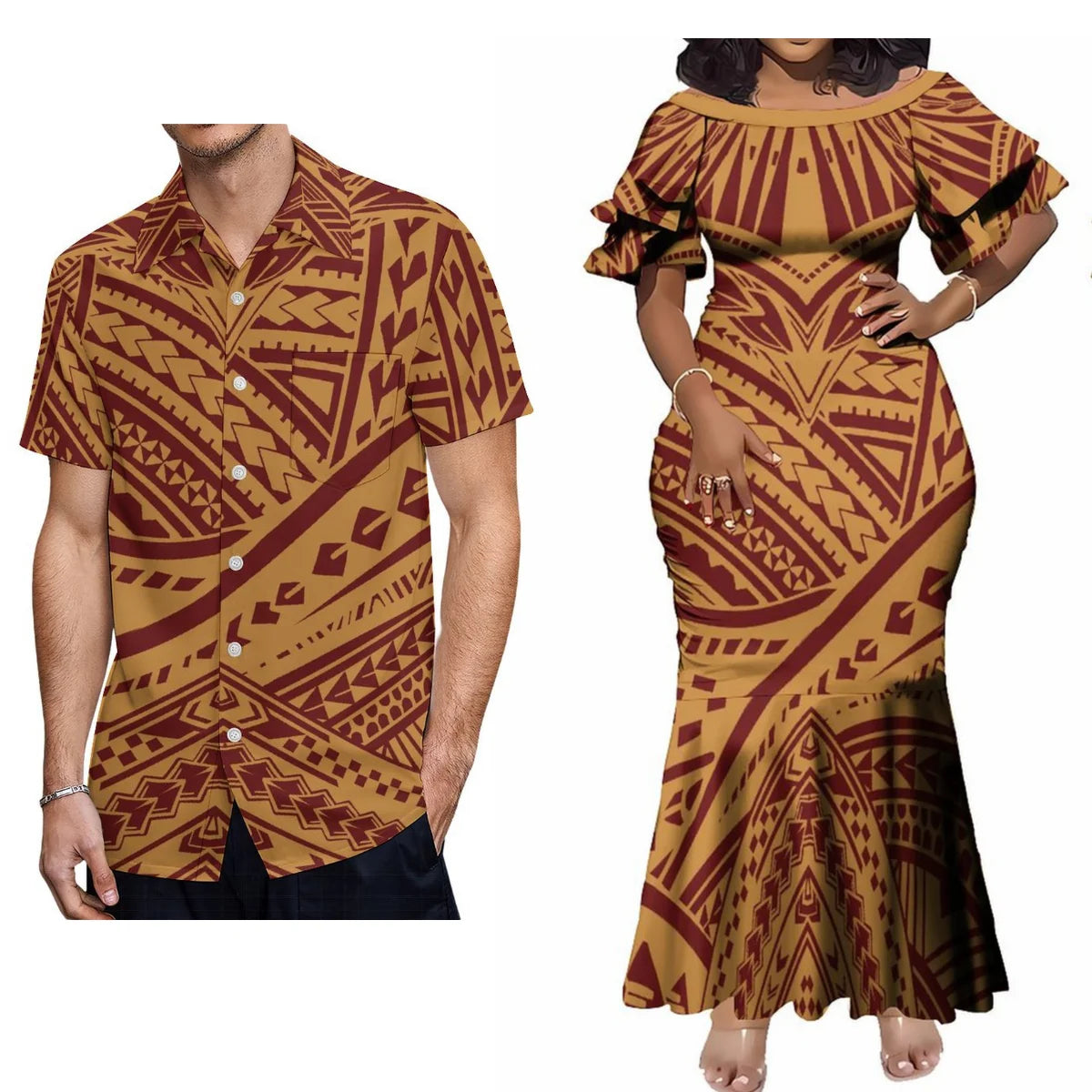 Polynesian Tribal Pattern Brown Couple Clothing Tropical Fishtail Dress And Hawaiian Shirt Matching Outfit For Her Him