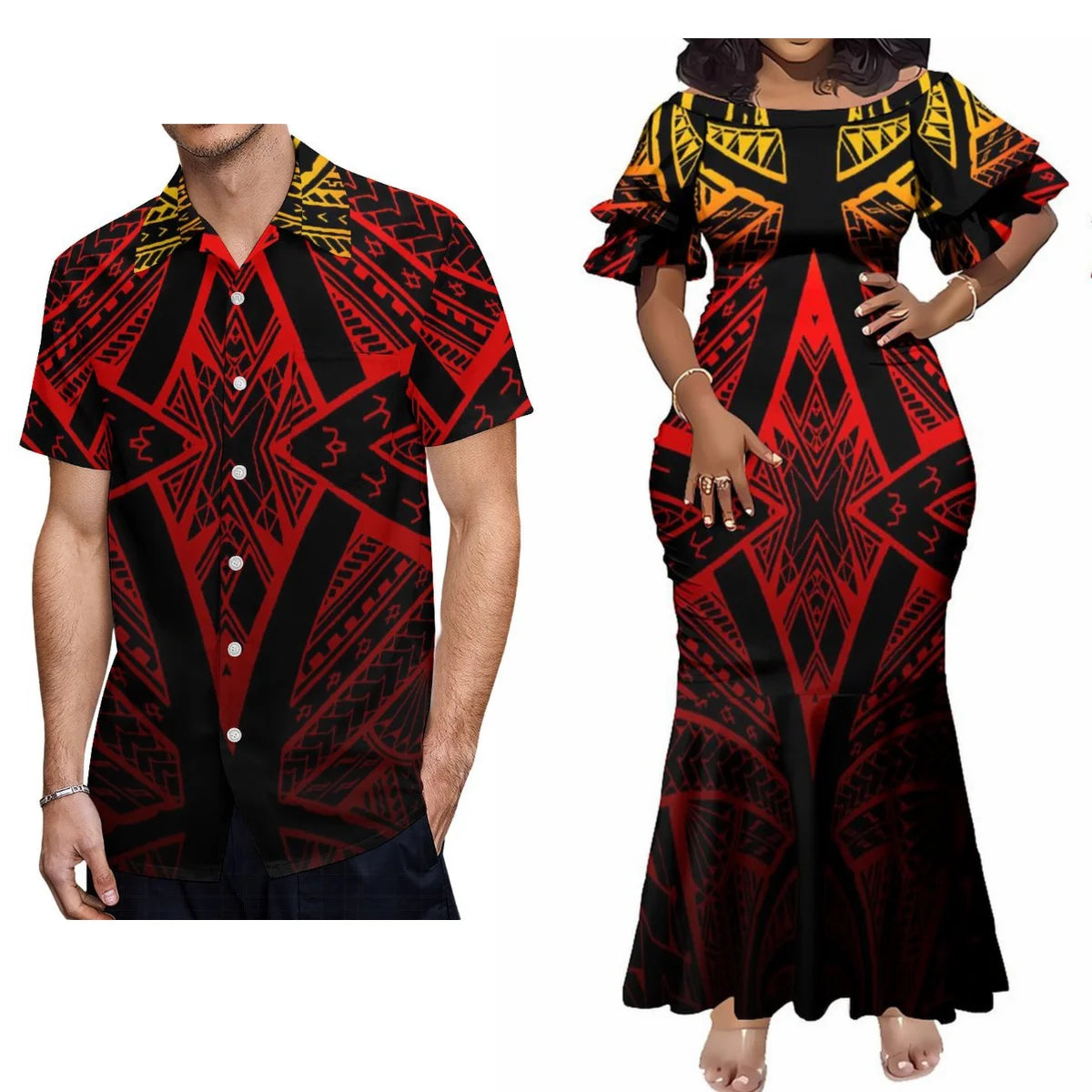 Polynesian Tribal Pattern Red Matching Outfit For Couple Tropical Short-Sleeved Fishtail Dress And Hawaiian Shirt