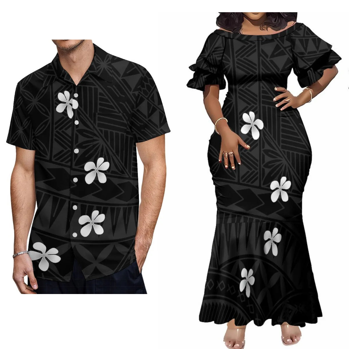 Polynesian Tribal Pattern Black Matching Outfit For Couple Tropical Short-Sleeved Fishtail Dress And Hawaiian Shirt