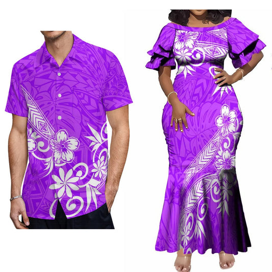 Polynesian Island Purple Matching Outfit For Couple Tropical Short-Sleeved Fishtail Dress And Hawaiian Shirt