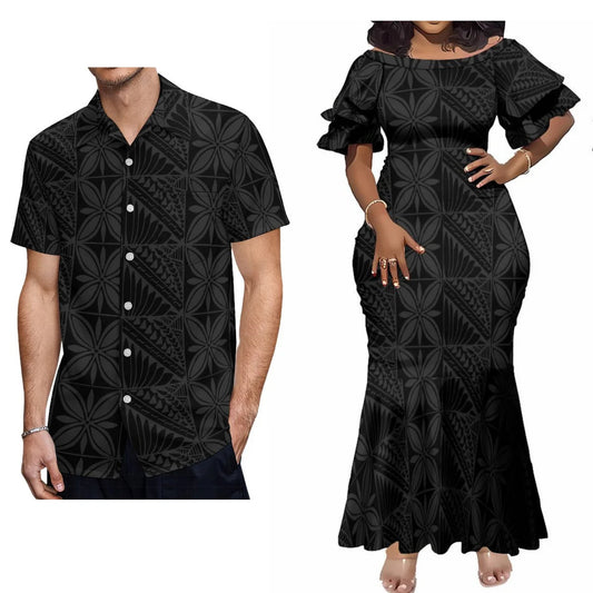 Polynesian Tribal Pattern Black Couple Clothing Tropical Fishtail Dress And Hawaiian Shirt Matching Outfit For Her Him
