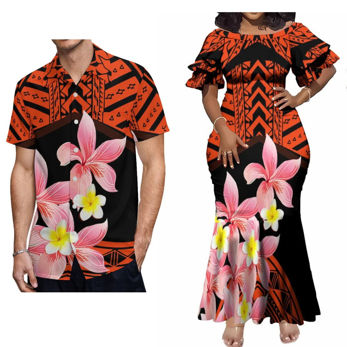 Polynesian Tribal Pattern Tropical Flowers Couple Matching Outfit For Her Him Fishtail Skirt Dress And Shirt