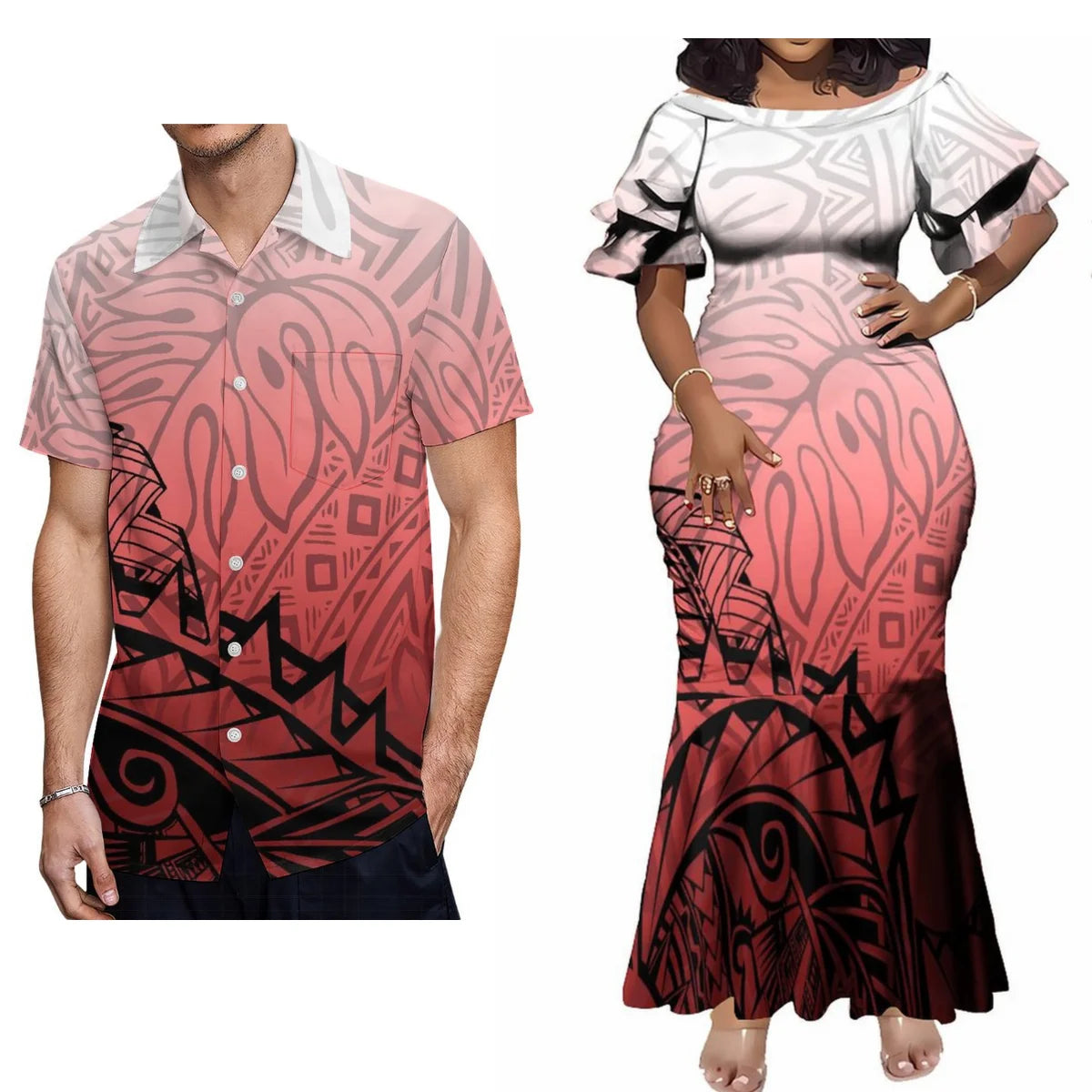 Tropical Leaf Flowers Polynesian Tribal Pattern Couple Clothing Tropical Fishtail Dress And Hawaiian Shirt Matching Outfit For Her Him