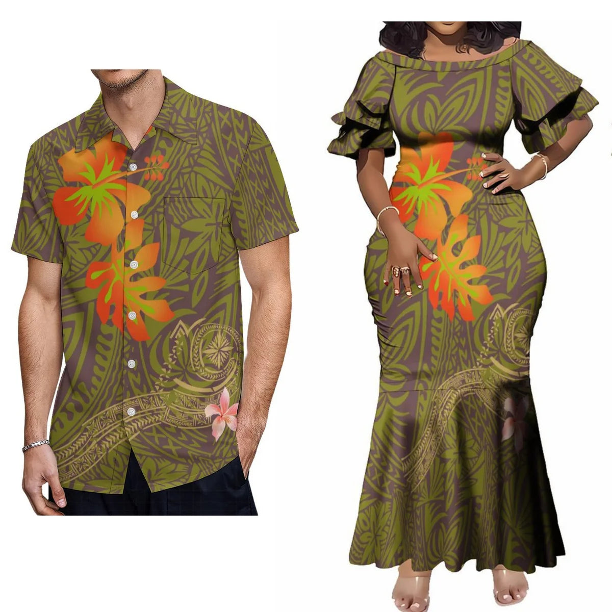 Polynesian Tribal Tropical Leaf Pattern Couple Clothing Tropical Fishtail Dress And Hawaiian Shirt Matching Outfit For Her Him