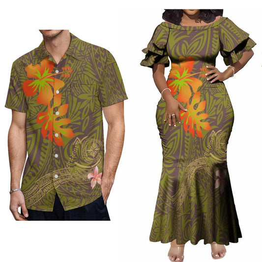 Polynesian Tribal Tropical Leaf Pattern Couple Clothing Tropical Fishtail Dress And Hawaiian Shirt Matching Outfit For Her Him