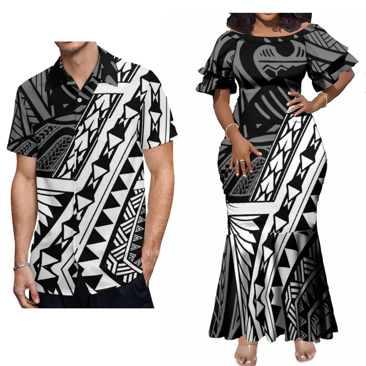 Polynesian Tribal Pattern Black Couple Clothing Tropical Fishtail Dress And Hawaiian Shirt Matching Outfit For Her Him
