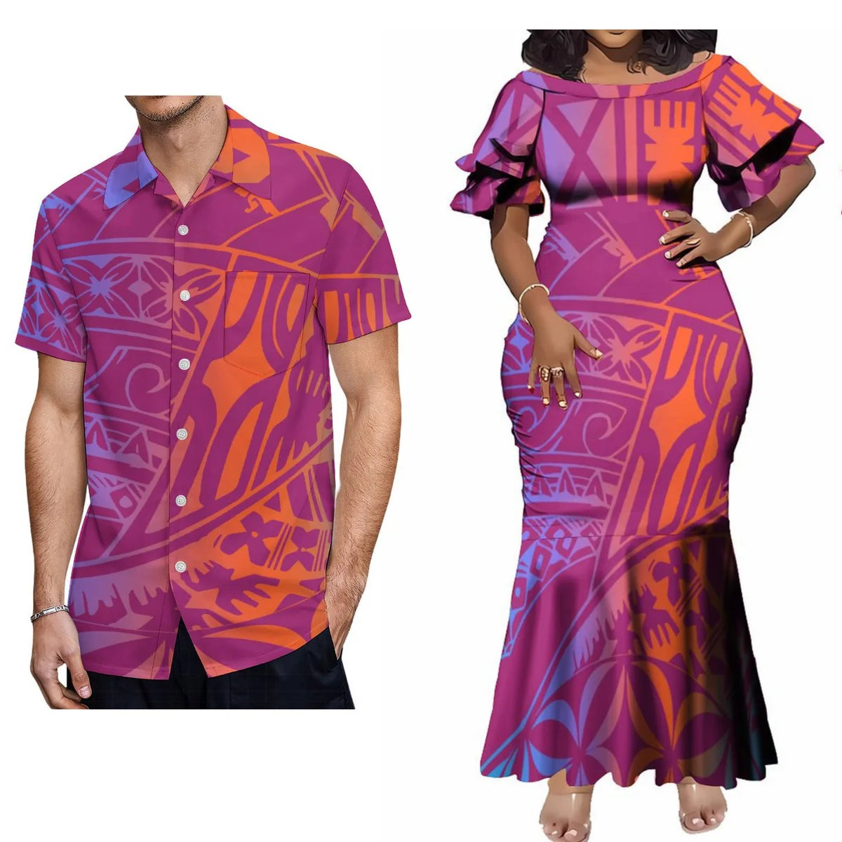 Polynesian Tribal Pattern Matching Outfit For Her Him Tropical Short-Sleeved Fishtail Dress And Hawaiian Shirt