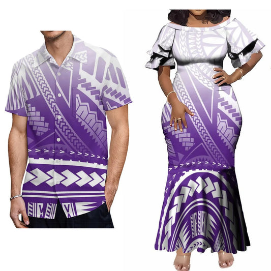 Polynesian Tribal Pattern Matching Outfit For Her Him Tropical Short-Sleeved Fishtail Dress And Hawaiian Shirt