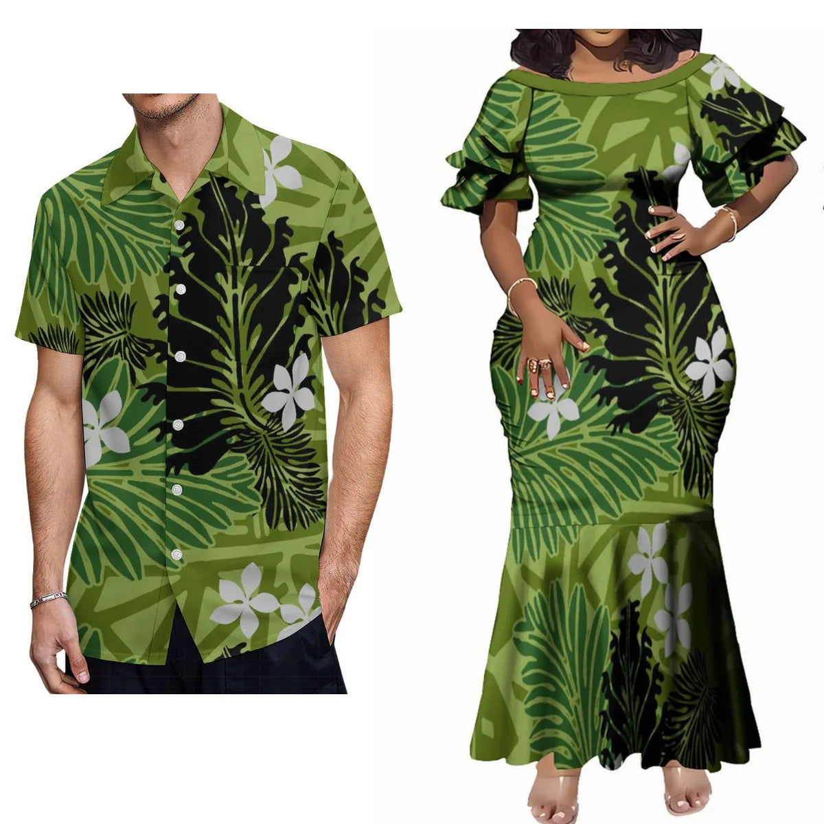 Polynesian Island Plant Plumeria Flowers Matching Outfit For Couple Tropical Short-Sleeved Fishtail Dress And Hawaiian Shirt