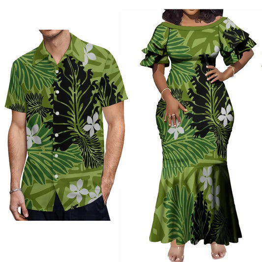 Polynesian Island Plant Plumeria Flowers Matching Outfit For Couple Tropical Short-Sleeved Fishtail Dress And Hawaiian Shirt