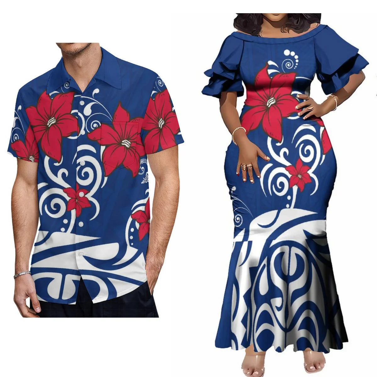 Polynesian Island Flowers Pattern Blue Matching Outfit For Couple Tropical Short-Sleeved Fishtail Dress And Hawaiian Shirt