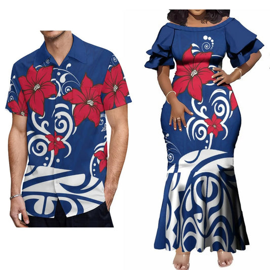 Polynesian Island Flowers Pattern Blue Matching Outfit For Couple Tropical Short-Sleeved Fishtail Dress And Hawaiian Shirt