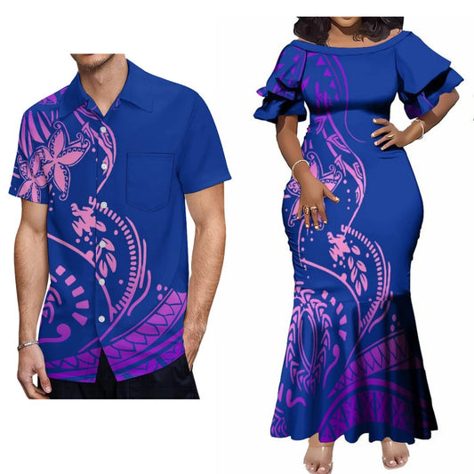 Polynesian Tribal Flowers Pattern Blue Matching Outfit For Couple Tropical Short-Sleeved Fishtail Dress And Hawaiian Shirt