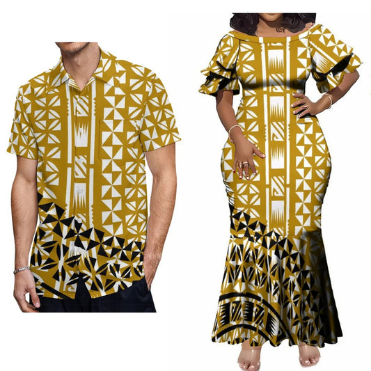 Polynesian Tribal Geometric Pattern Yellow Couple Clothing Tropical Fishtail Dress And Hawaiian Shirt Matching Outfit For Her Him
