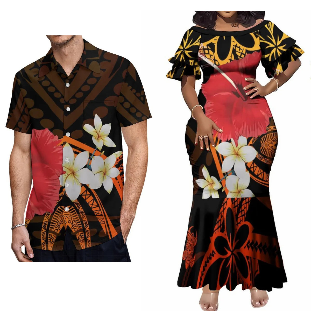 Polynesian Tribal Tropical Flowers Pattern Couple Clothing Tropical Fishtail Dress And Hawaiian Shirt Matching Outfit For Her Him