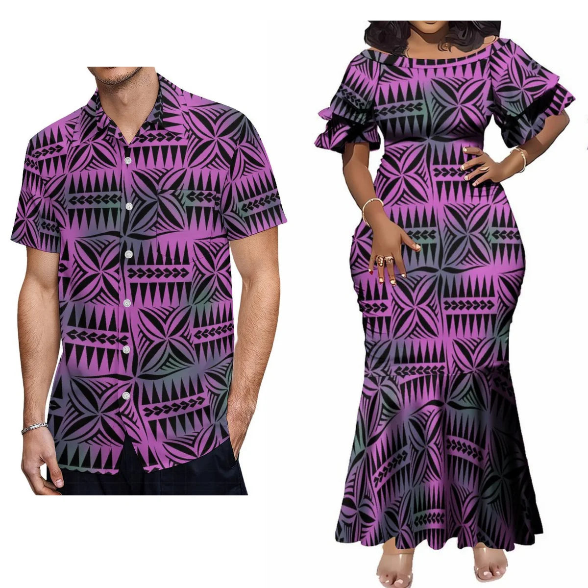Polynesian Tribal Geometric Pattern Couple Clothing Tropical Fishtail Dress And Hawaiian Shirt Matching Outfit For Her Him