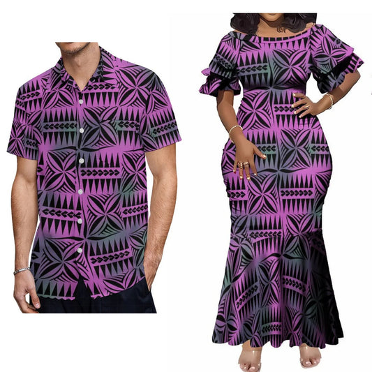 Polynesian Tribal Geometric Pattern Couple Clothing Tropical Fishtail Dress And Hawaiian Shirt Matching Outfit For Her Him