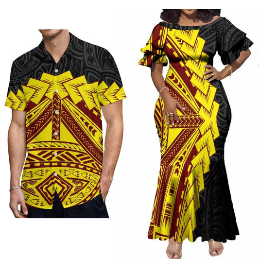 Polynesian Tribal Pattern Yellow Couple Matching Outfit For Her Him Fishtail Skirt Dress And Shirt