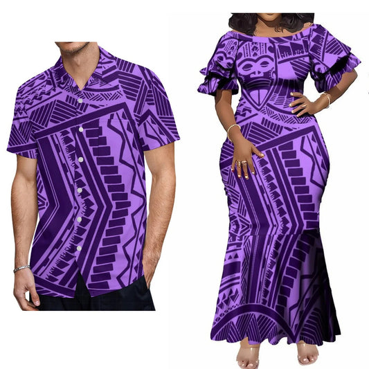 Polynesian Tribal Tropical Couples Purple Matching Outfit For Her Him Fishtail Skirt Dress And Shirt
