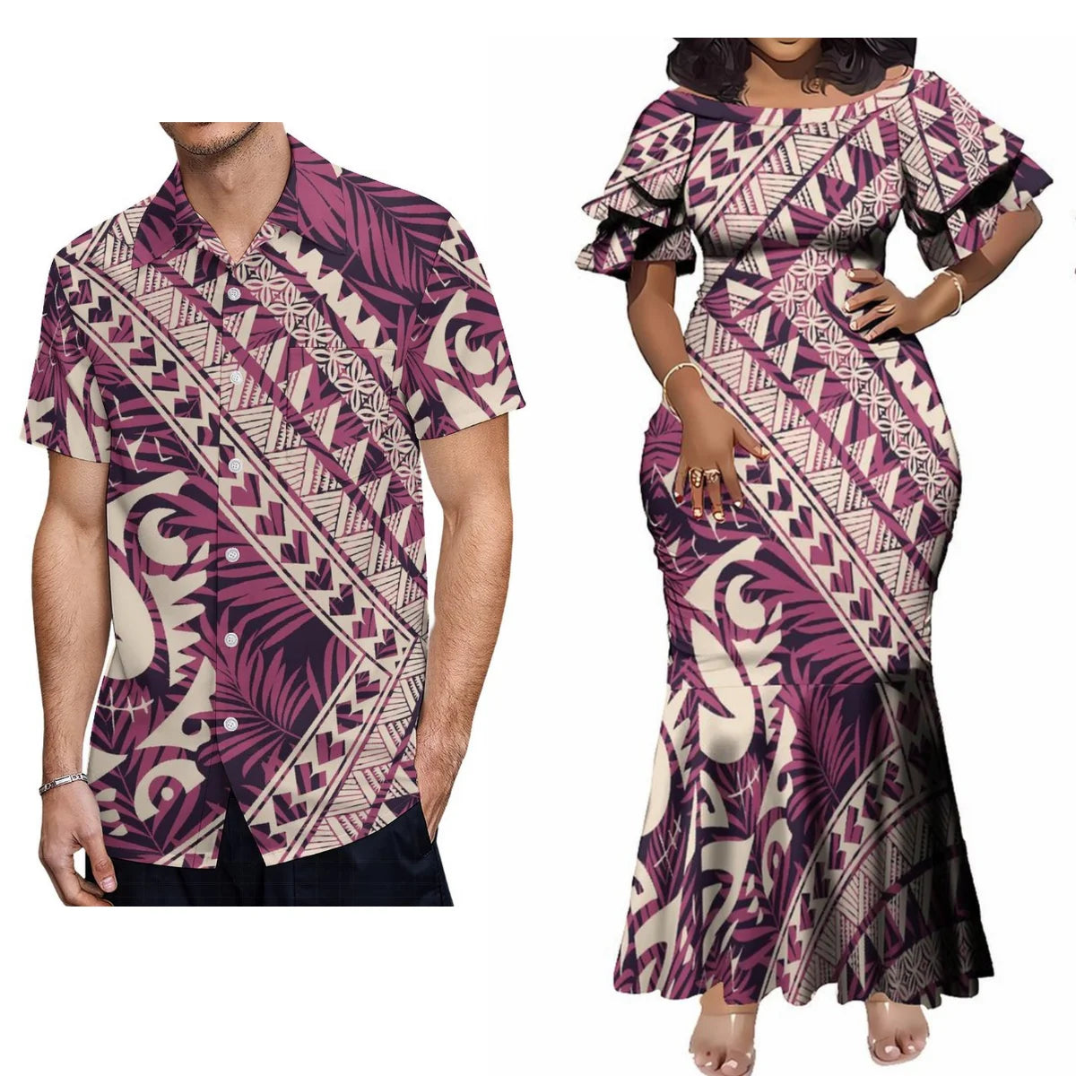 Polynesian Tribal Leaf Pattern Couple Matching Outfit For Her Him Fishtail Skirt Dress And Shirt