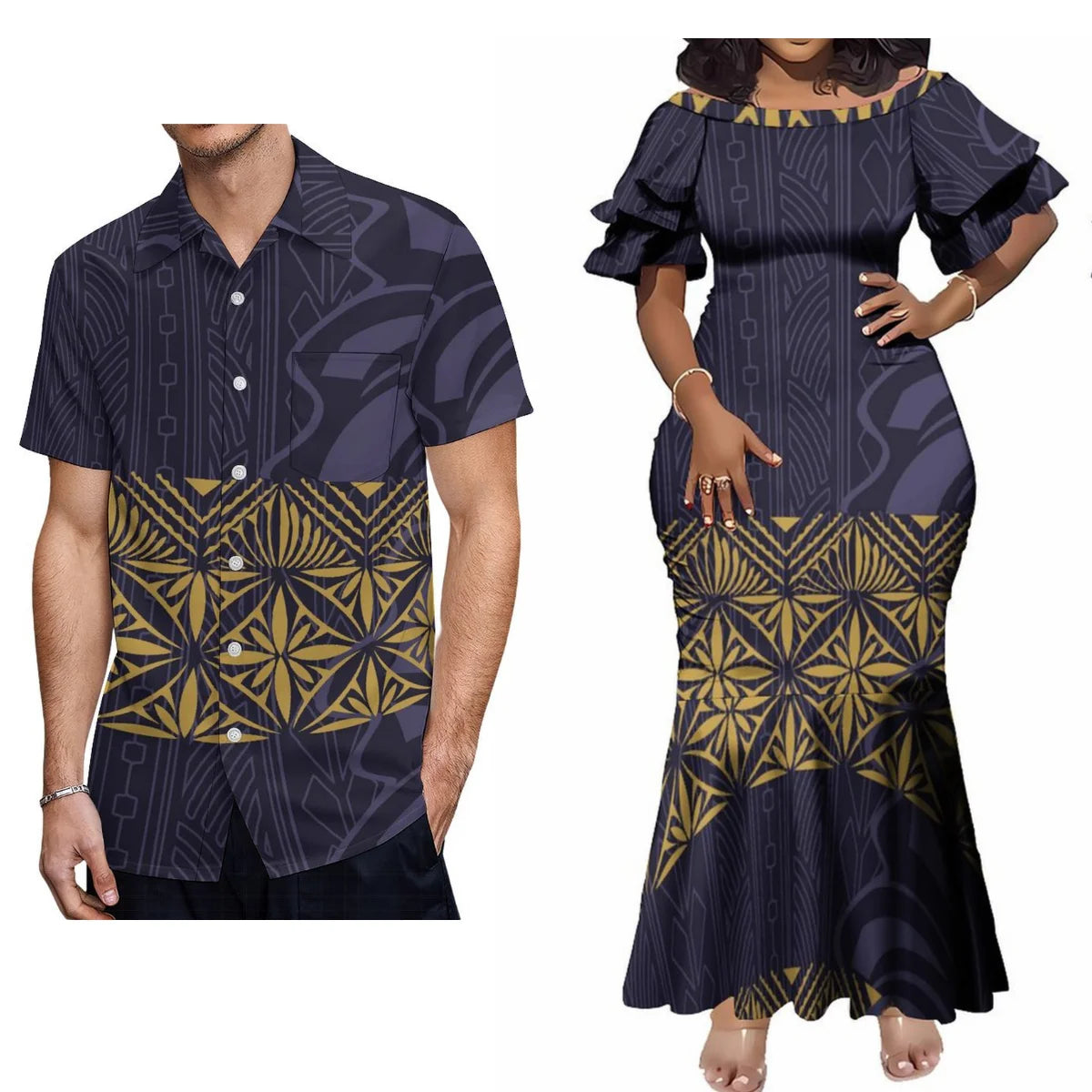 Polynesian Tribal Pattern Tropical Couple Matching Outfit For Her Him Fishtail Skirt Dress And Shirt