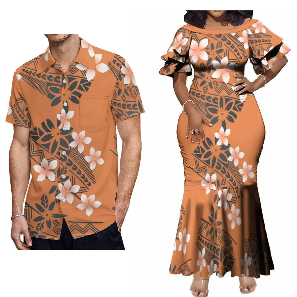 Polynesian Tribal Pattern Flowers Couple Matching Outfit For Her Him Fishtail Skirt Dress And Shirt
