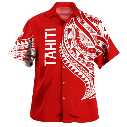 Red Tahiti Polynesian Tribal Hawaiian Shirts Curve Style For Men Tahitian Summer Short Sleeve Button Shirt