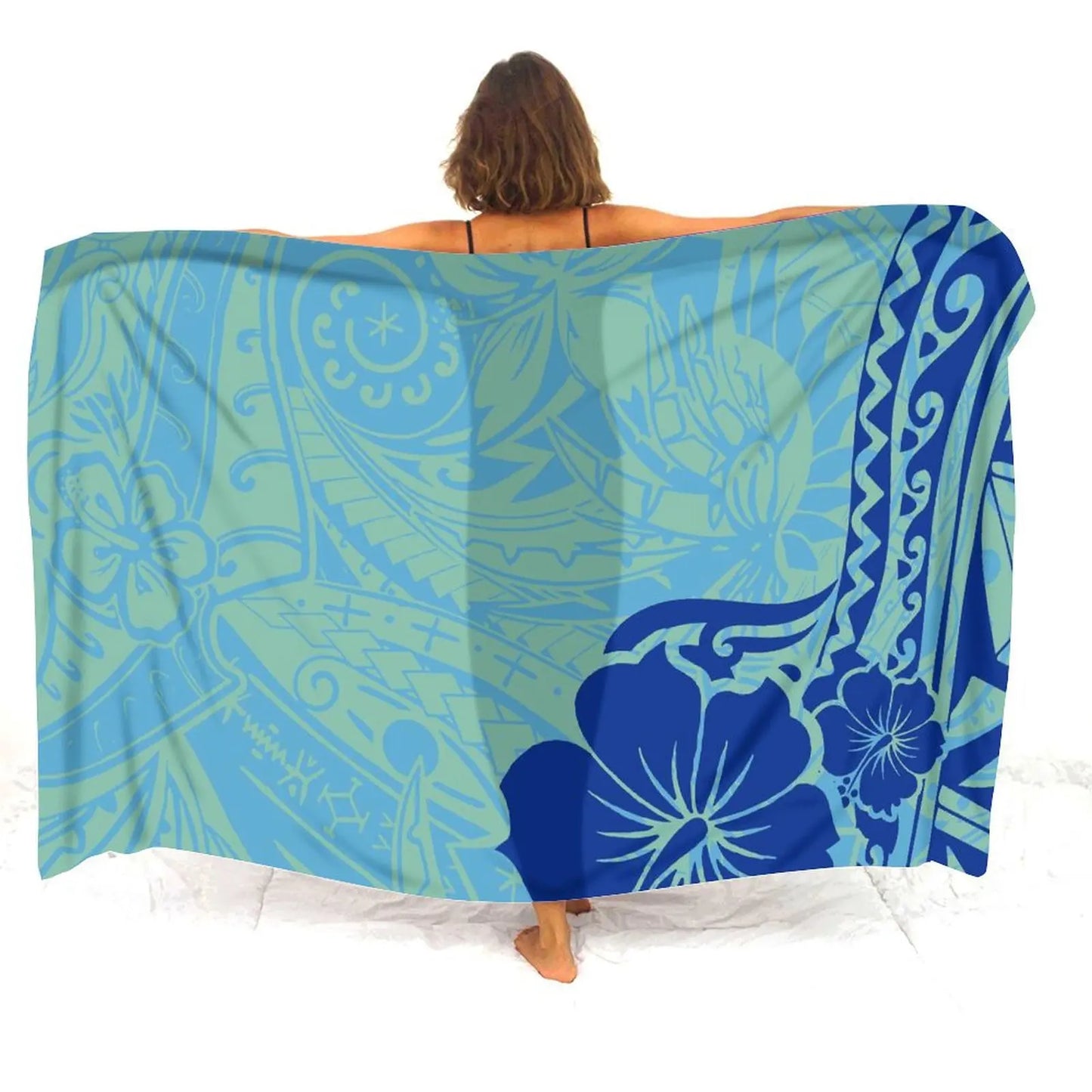 Polynesian Hibiscus Flowers Tropical Sarong Polynesian Pattern Printed Blue Beach Women's Sarong