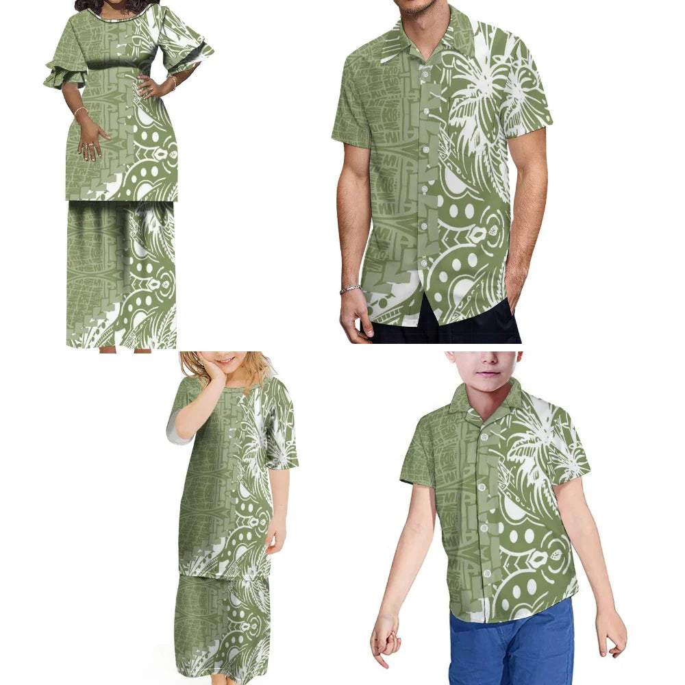 Polynesian Family Party Set Vintage Puletasi Double layer Horn Sleeve Dress And Men's Shirt Matching Outfit For Family